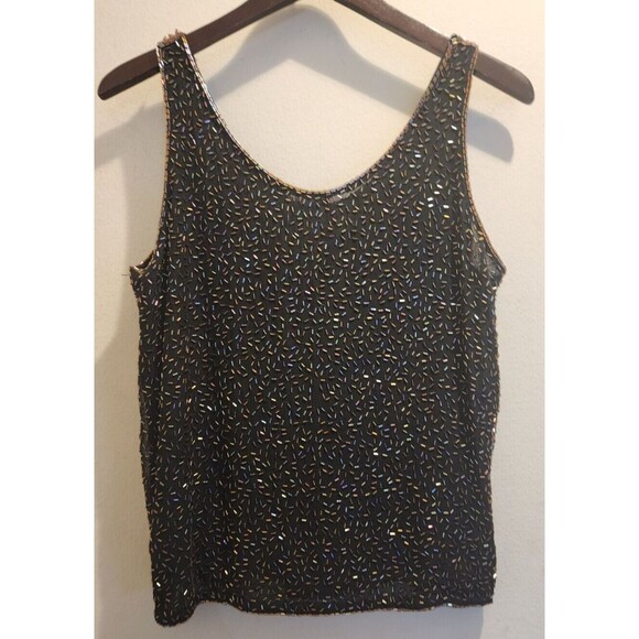 Vintage Judith Anne Creations Small 100% Silk Black & Gold Beaded Flowy Tank Top - Picture 5 of 14